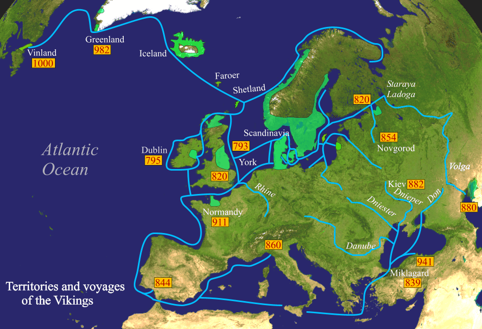 Экспедиции викингов (синяя линия)