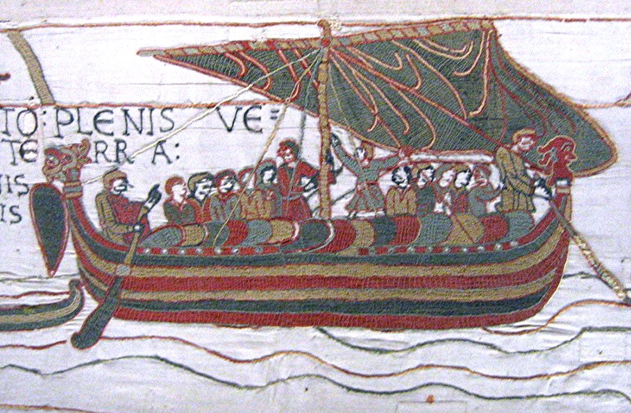 Изображение с гобелена из Байе, на котором корабль Гарольда Годвинсона приближается к пляжу, вероятно, в устье Соммы